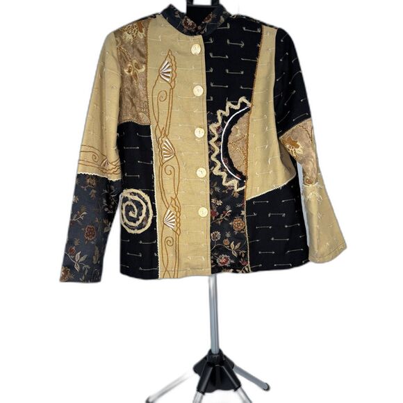 Indigo Moon Art to Wear Patchwork Jacket M Boho Lagenlook Embroidered Gold Black - Picture 4 of 6